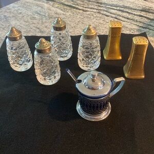 Waterford Salt and Pepper Shakers, gold set and relish jar